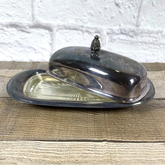 Wm Rogers Silver Plate MCM Covered Butter Dish Starburst Glass Insert Lid VTG - Picture 2 of 14